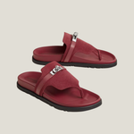Burgundy leather thong sandal with black sole and silver hardware — Hermes | Endless UAE