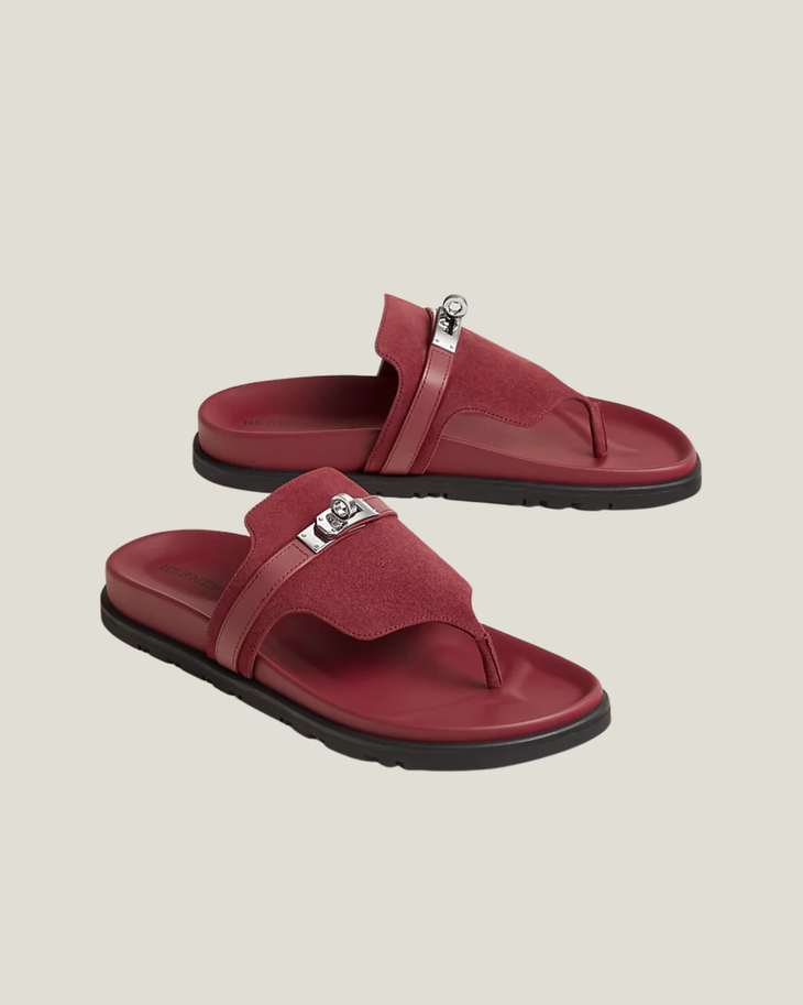 Burgundy leather thong sandal with black sole and silver hardware — Hermes | Endless UAE