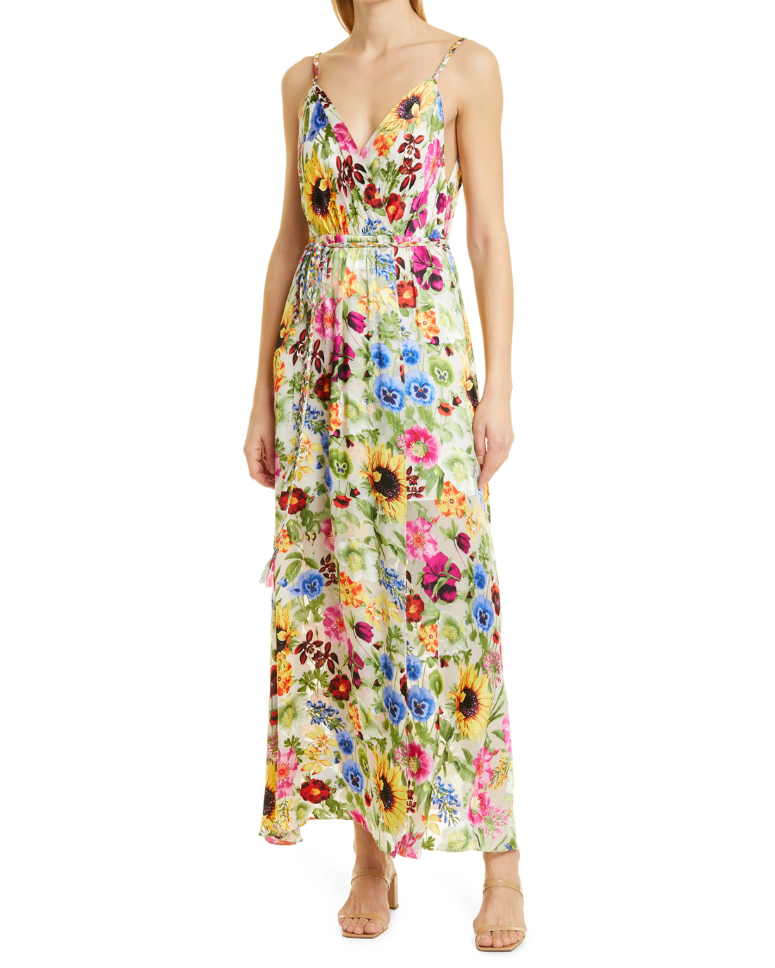 Woman wearing a colorful floral faux wrap maxi dress with sunflowers and pink flowers — Alice & Olivia | Endless UAE