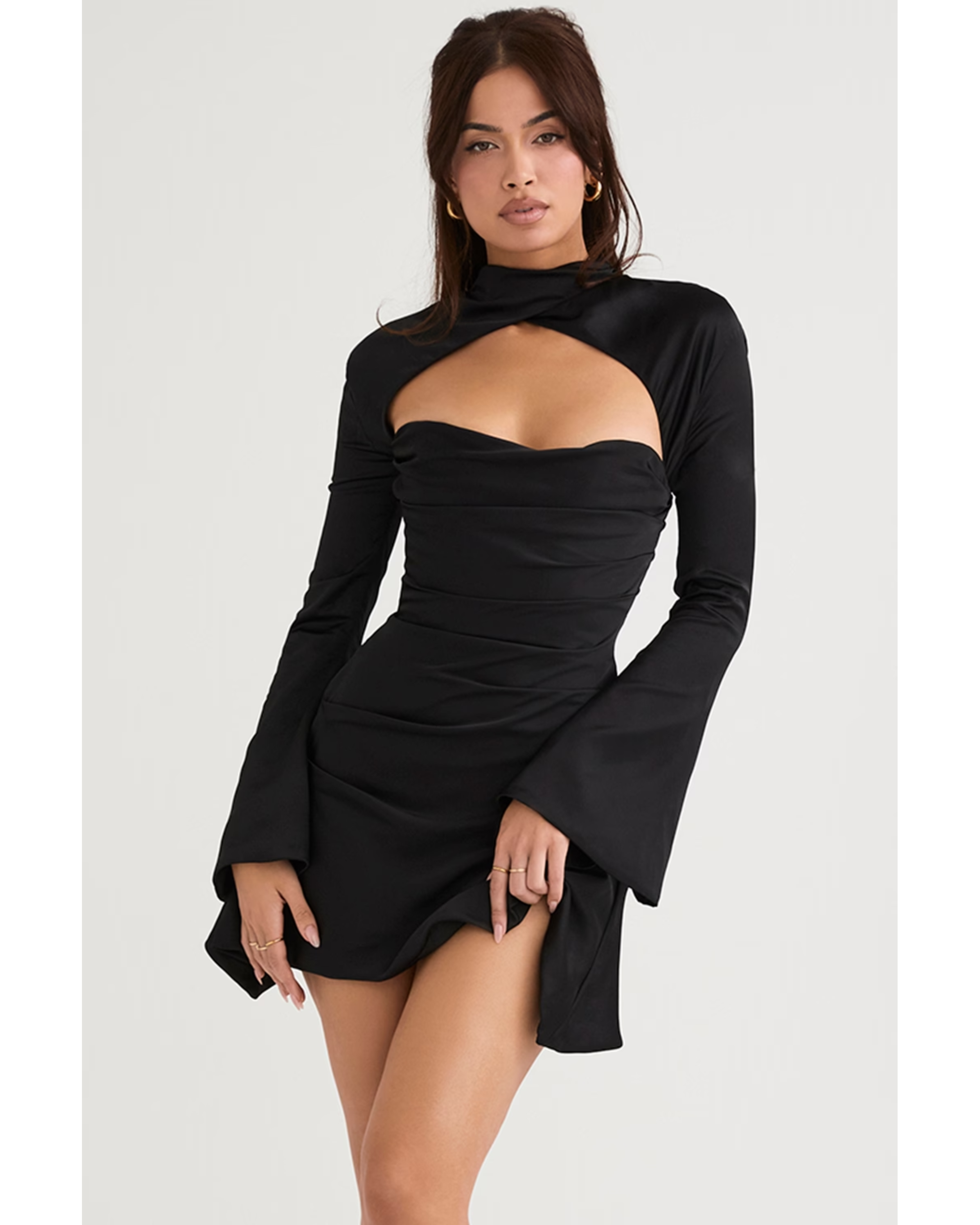 Black draped corset dress with long sleeves and cutout detail — House of CB | Endless UAE