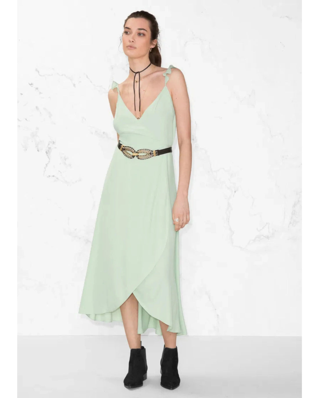 Mint green wrap dress with ruffle straps and decorative belt — & Other Stories | Endless UAE