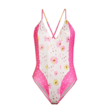 Pink and white floral print one-piece swimsuit with polka dot side panels and cross-back straps — LoveShackFancy | Endless UAE