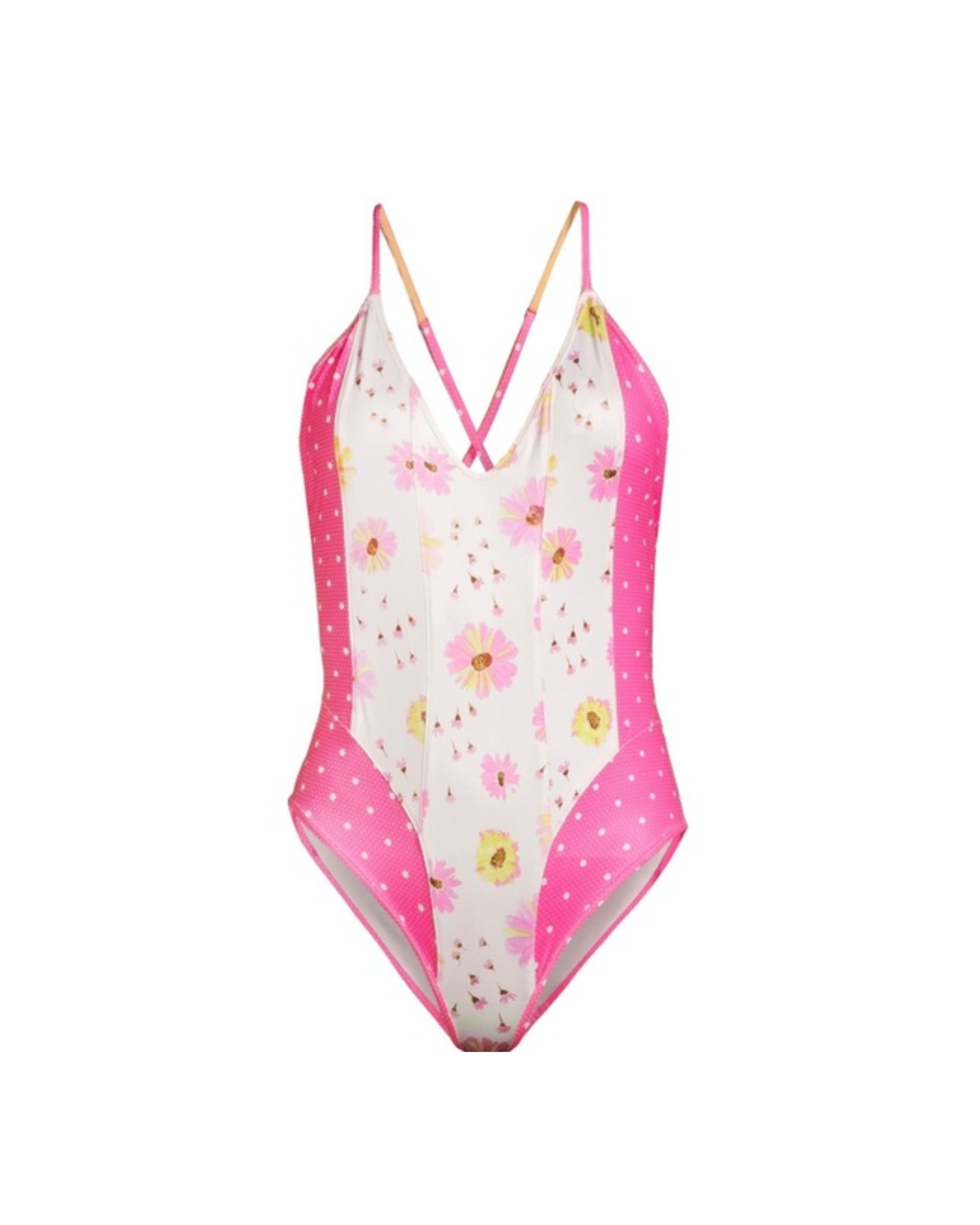 Pink and white floral print one-piece swimsuit with polka dot side panels and cross-back straps — LoveShackFancy | Endless UAE