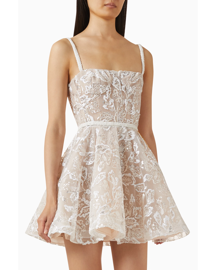 Elegant mini dress with sequin floral embellishments, fitted bodice, and flared skirt in champagne and ivory — Bronx and Banco | Endless UAE