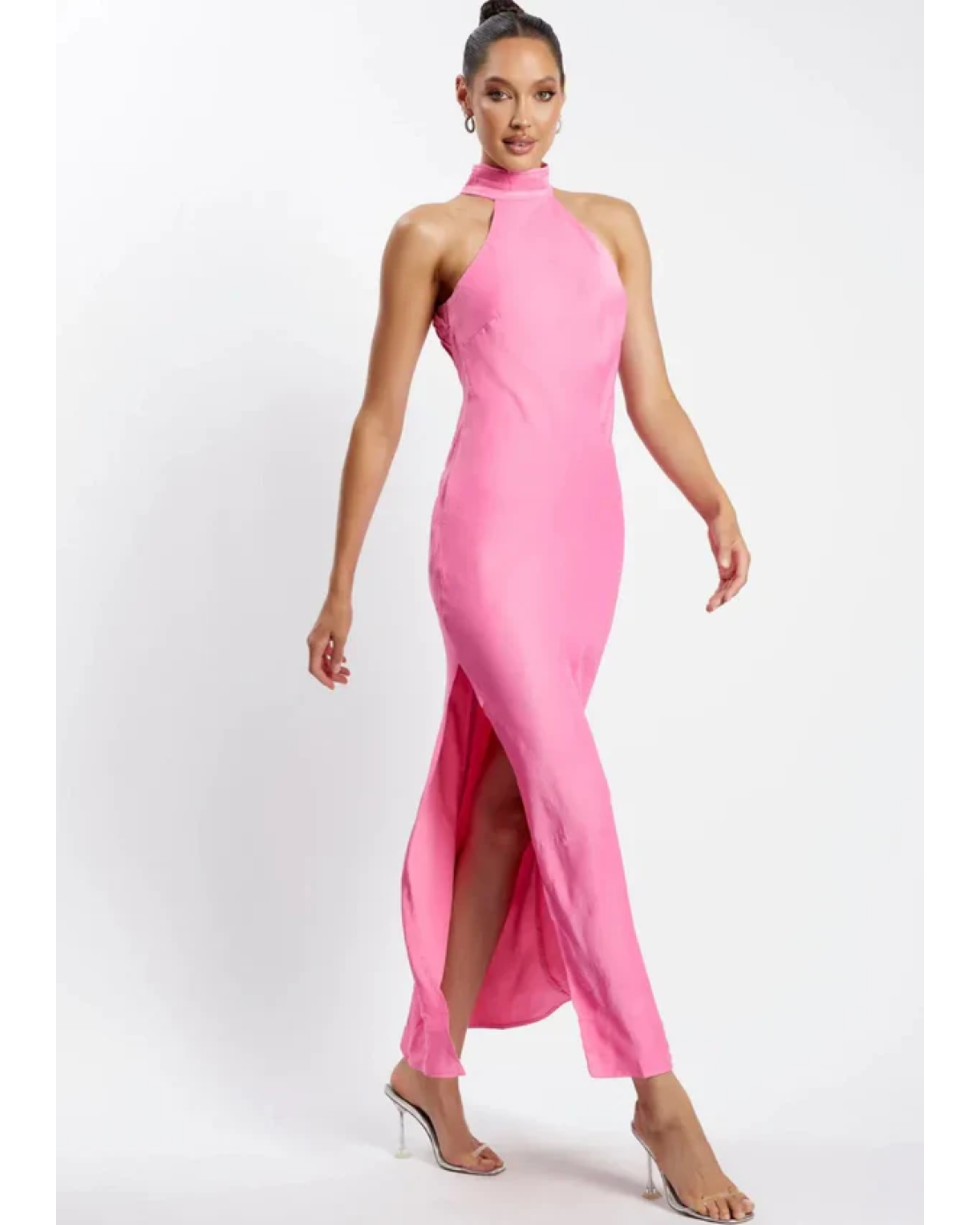 Pink halter neck satin maxi dress with high slit and draped back detail — Meshki | Endless UAE