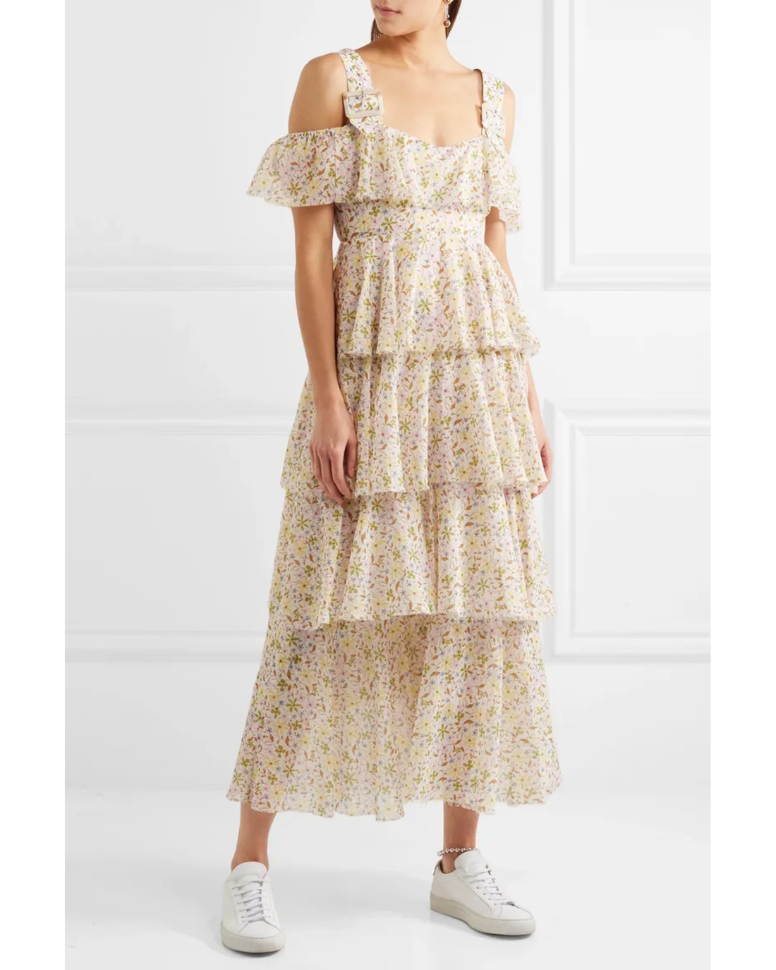 Wallflower Floral Cold-Shoulder Tiered Midi Dress in Cream — Alexa Chang | Endless UAE