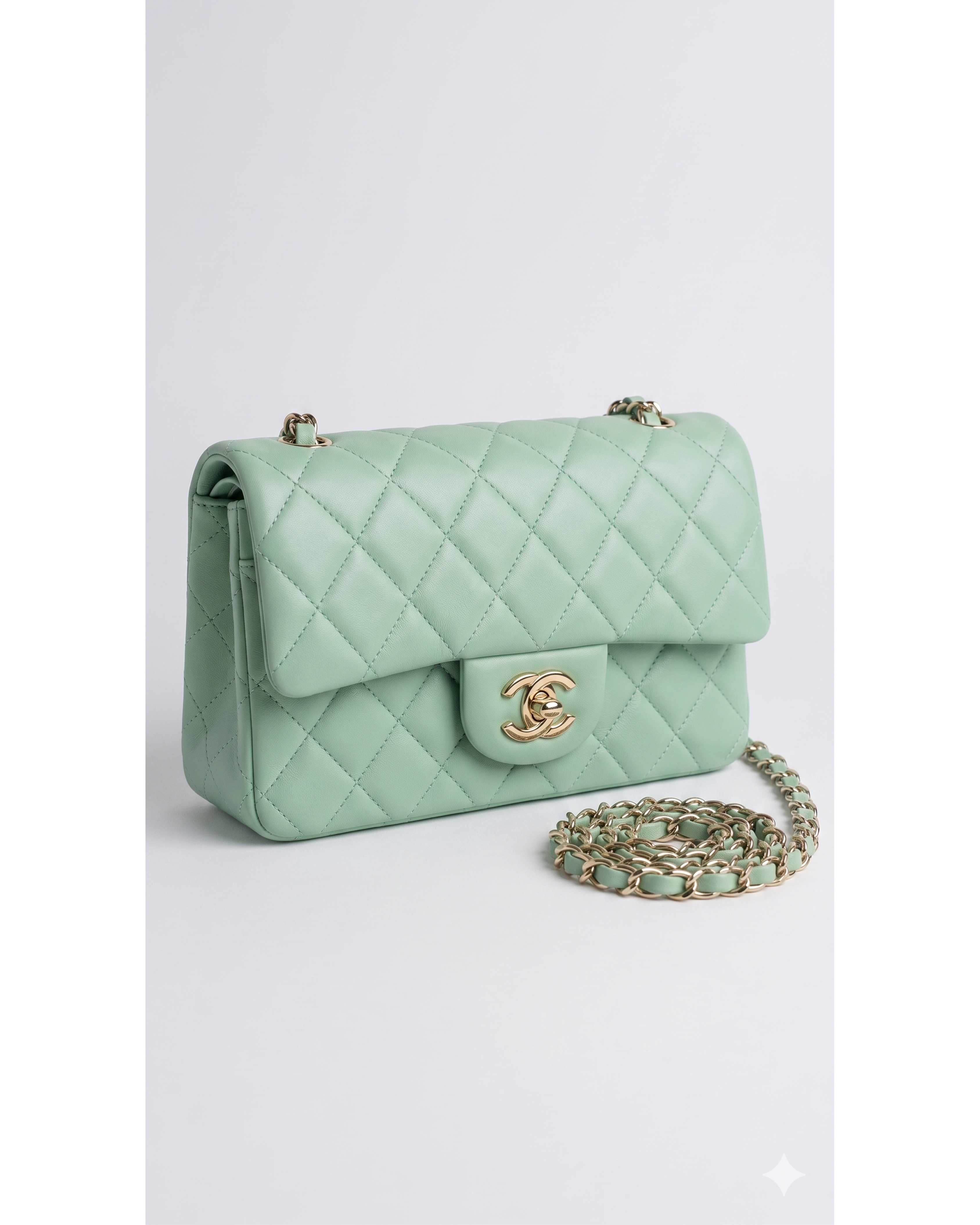 Mint green quilted Mini Classic Flap with gold chain strap and CC turn-lock — Chanel | Endless UAE