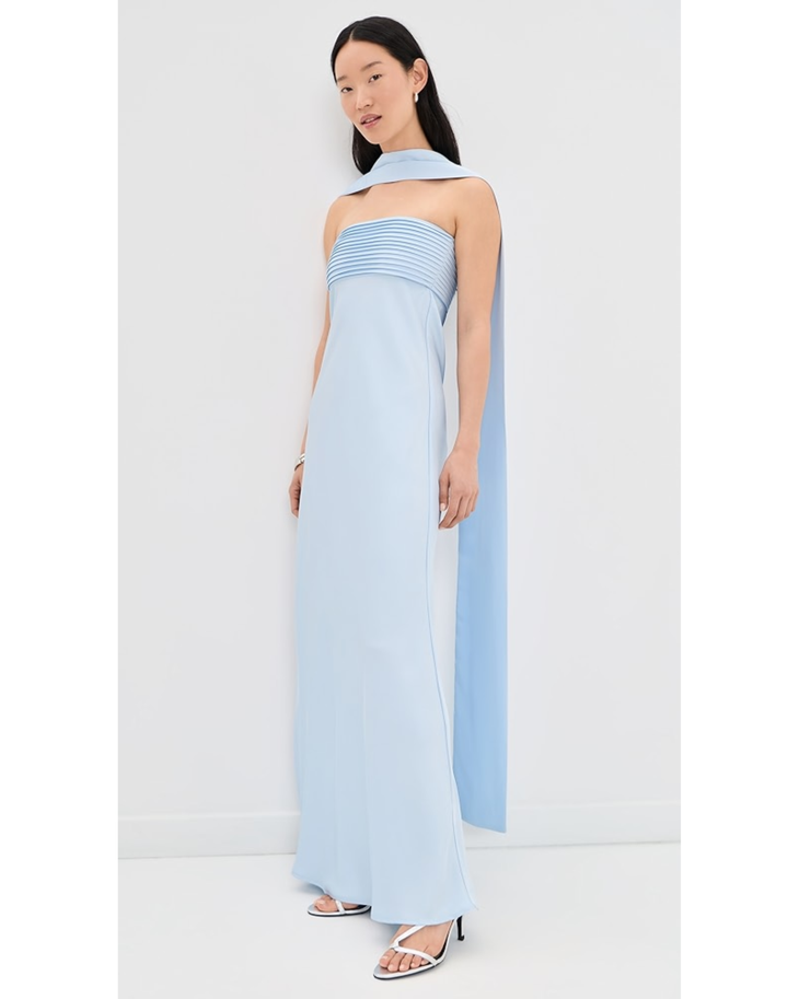 Elsa Maxi Dress in light blue with pleated bodice and flowing cape — Runaway The Label | Endless UAE