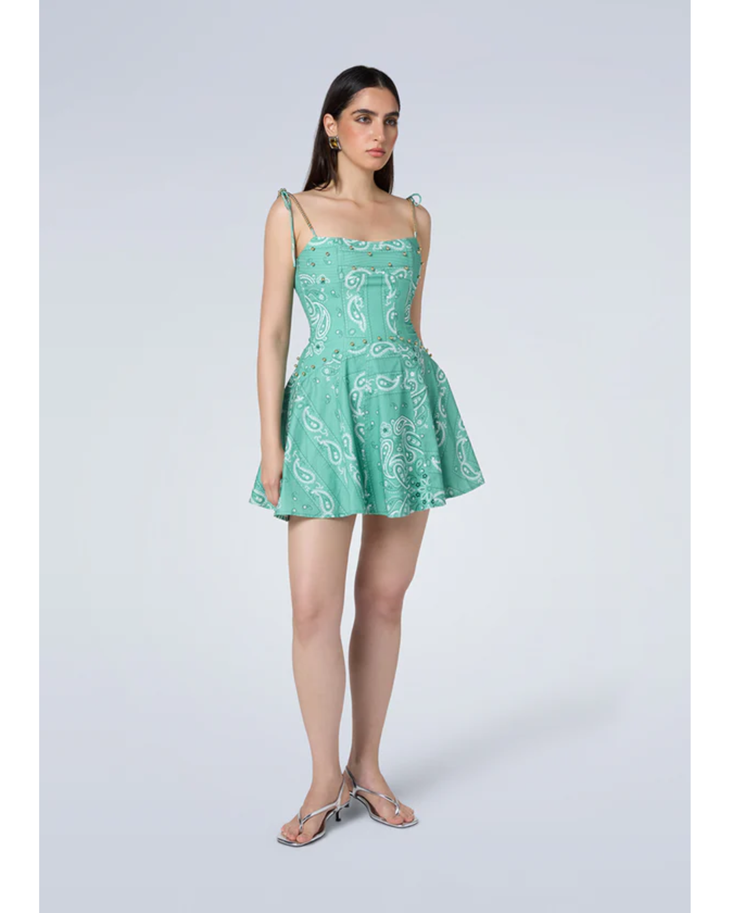 Mint green paisley print mini dress with thin straps and fit-and-flare silhouette — Mayka | Endless UAE