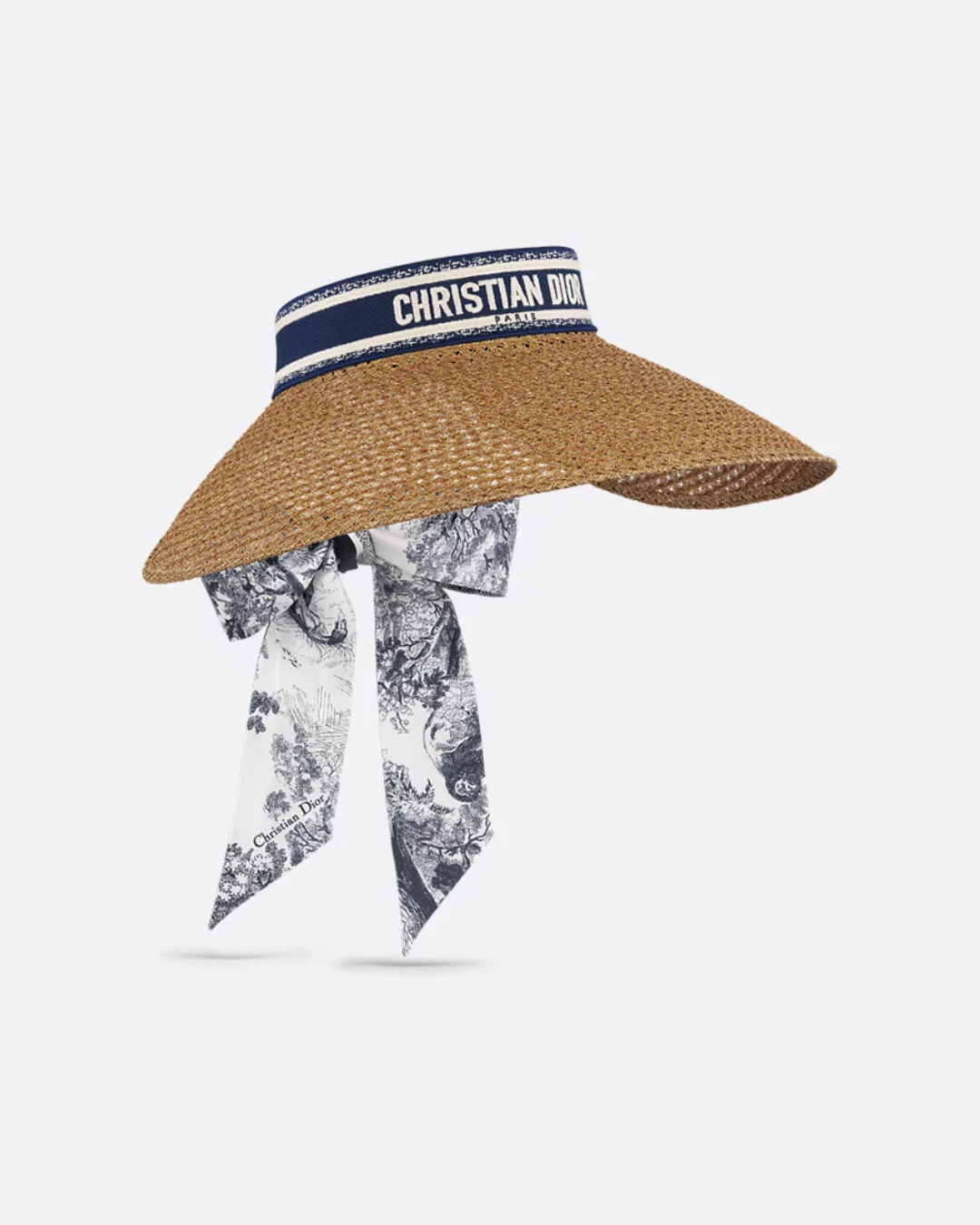 Tan woven visor with navy Christian Dior ribbon band and black toile scarf detail — Dior | Endless UAE