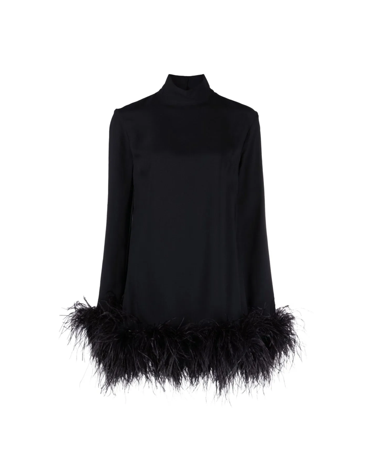 Black turtleneck mini dress with feather trim hem — Taller Marmo | Endless UAE