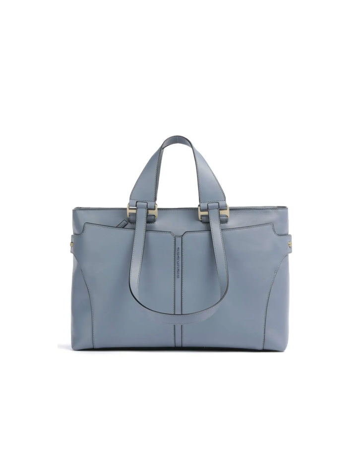 Blue leather tote bag with dual handles and structured design — Piquadro | Endless UAE
