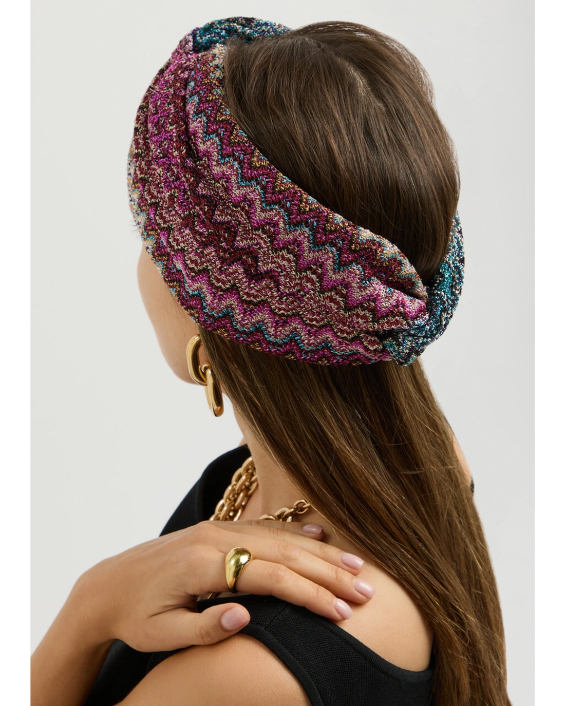 Multicolored zigzag knit headband with metallic threading in purple, teal and pink tones — Missoni | Endless UAE