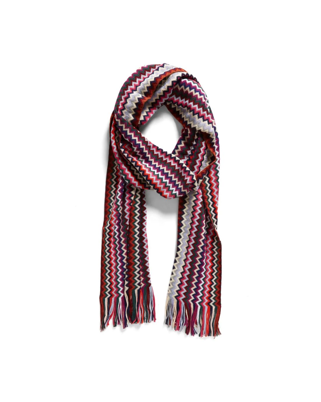 Multicolour zigzag knit scarf with fringe detailing draped loosely on white background — Missoni | Endless UAE