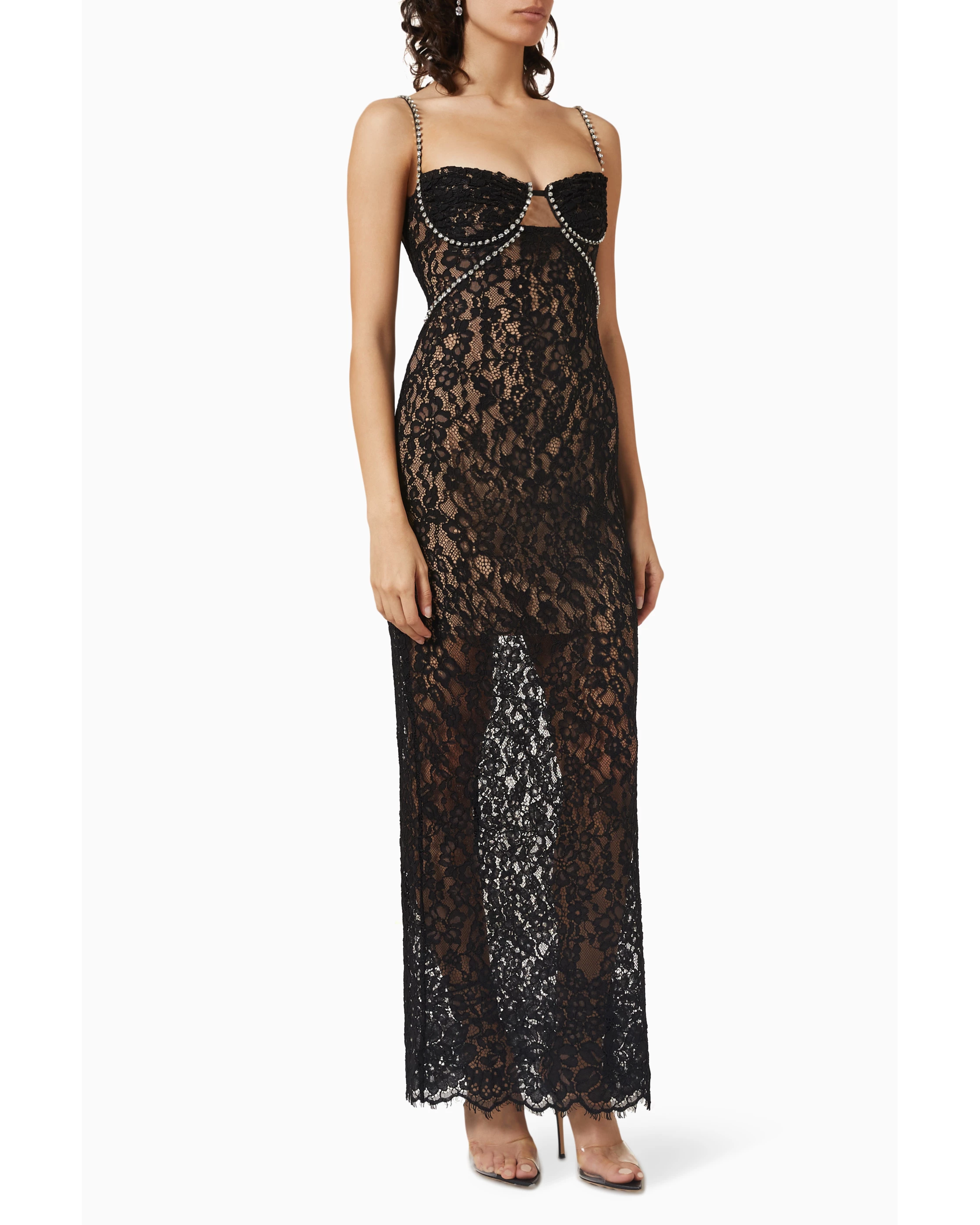 Black lace maxi dress with crystal-embellished straps and sweetheart neckline — Self-Portrait | Endless UAE