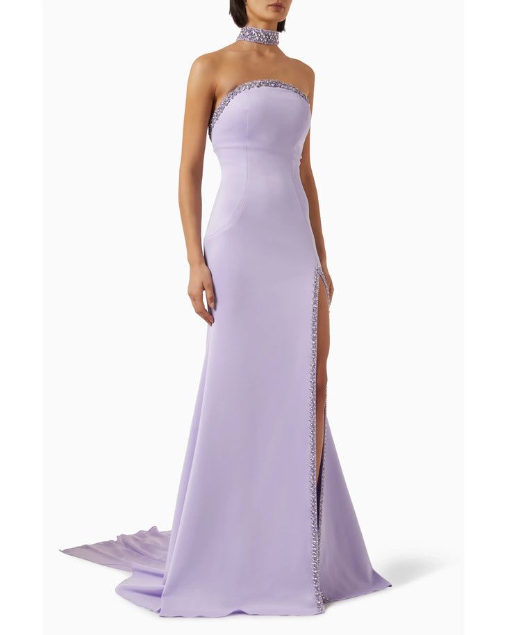 Lilac strapless evening gown with crystal-embellished choker neckline and high slit — Jovani | Endless UAE