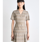 V-neck Button-down Checked Cotton-blend Mini Dress