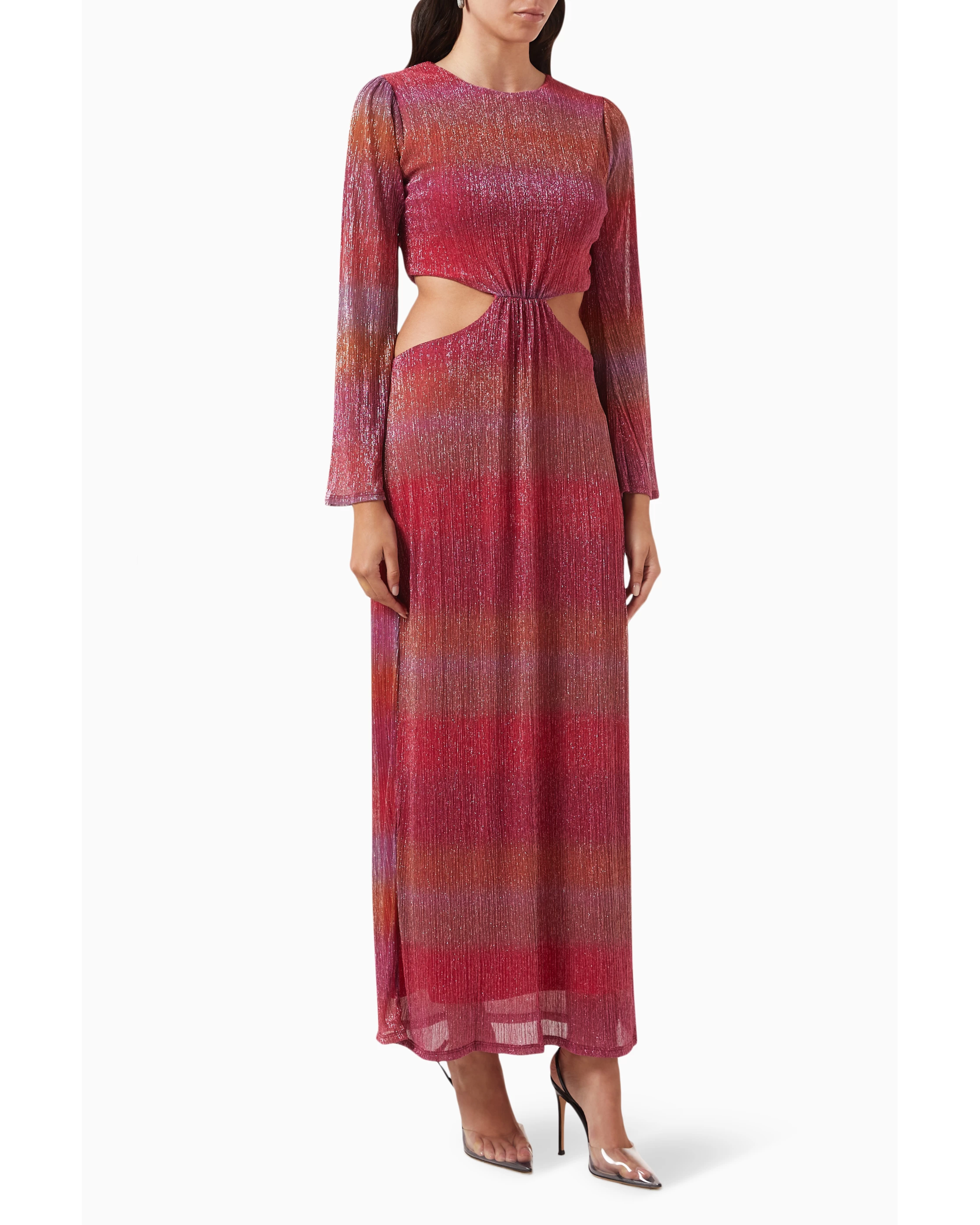 Piper Ombré Maxi Dress in shimmering pink metallic fabric with cutout waist detail and long sleeves — Never Fully Dressed | Endless UAE