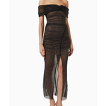 Off-shoulder rhinestone mesh midi dress with thigh slit in black — Self-Portrait | Endless UAE