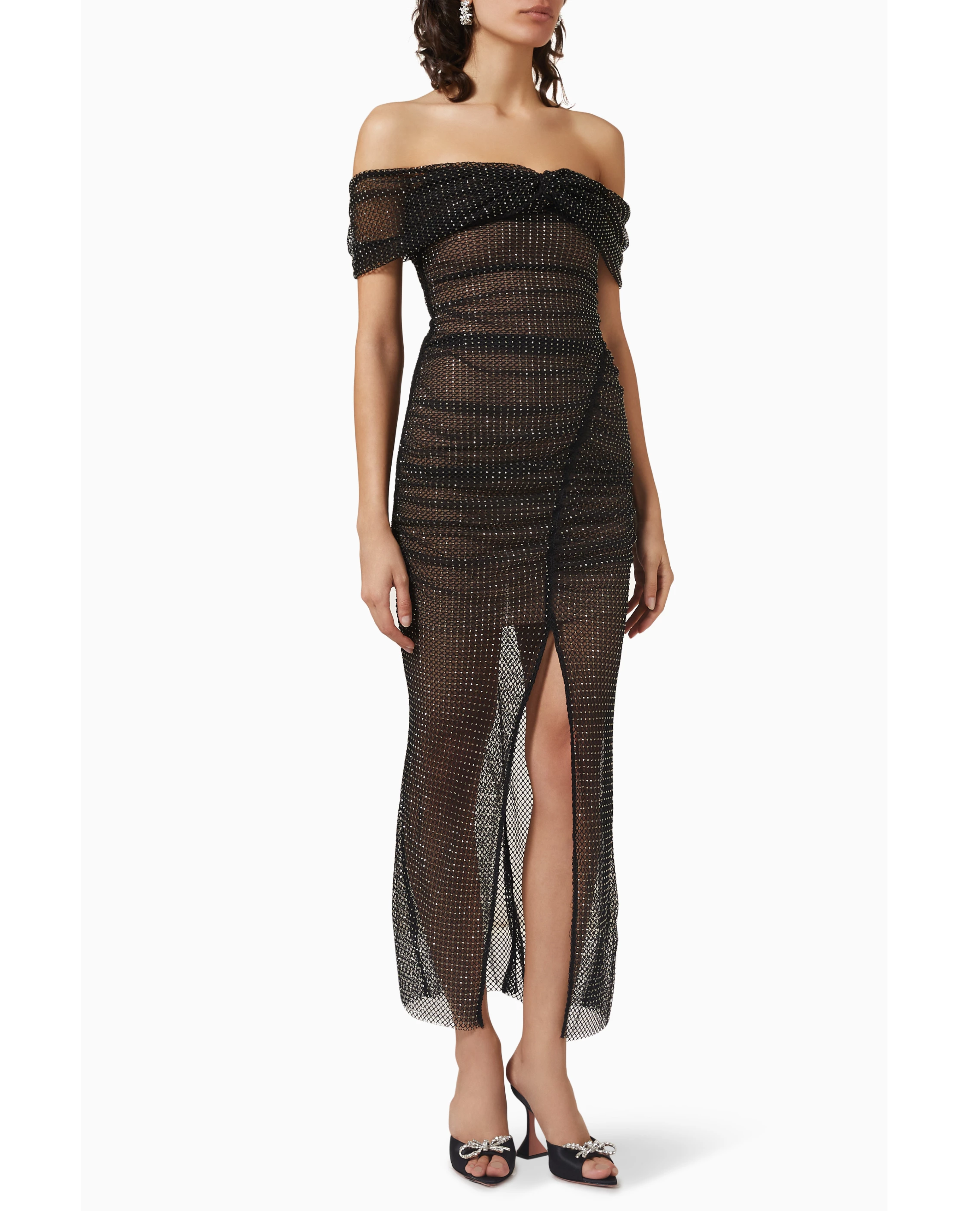 Off-shoulder rhinestone mesh midi dress with thigh slit in black — Self-Portrait | Endless UAE
