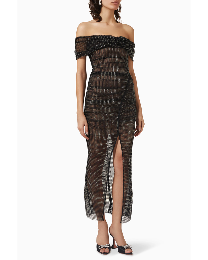 Off-shoulder rhinestone mesh midi dress with thigh slit in black — Self-Portrait | Endless UAE