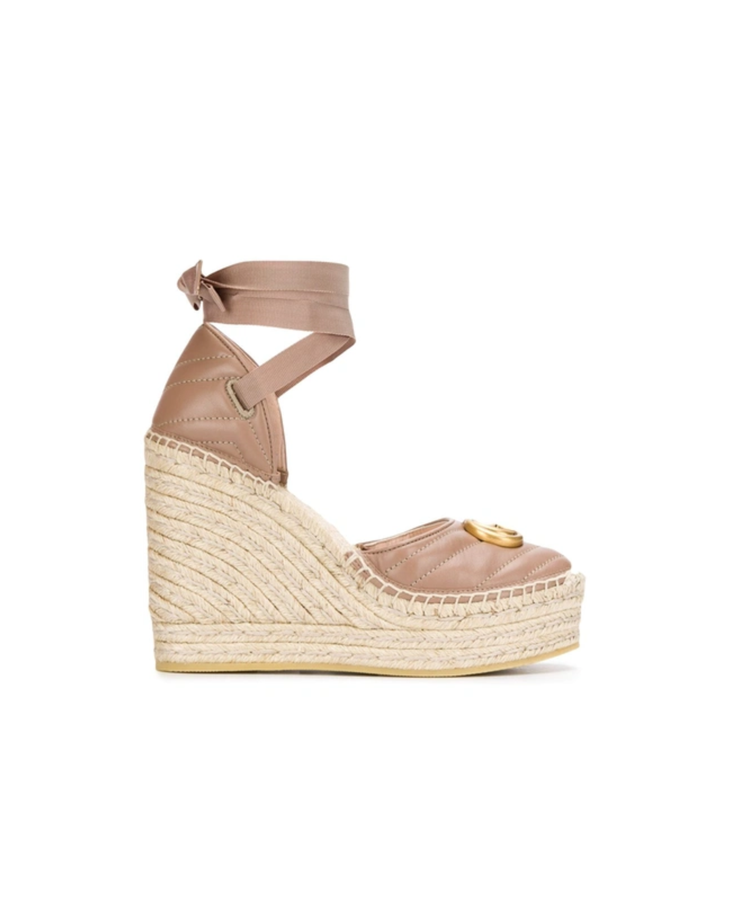 Beige leather GG Marmont espadrille wedge sandal with ankle wrap — Gucci | Endless UAE