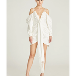 Frida Draped Dress in white with cold-shoulder sleeves and asymmetrical hem — Amur | Endless UAE