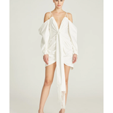Frida Draped Dress in white with cold-shoulder sleeves and asymmetrical hem — Amur | Endless UAE