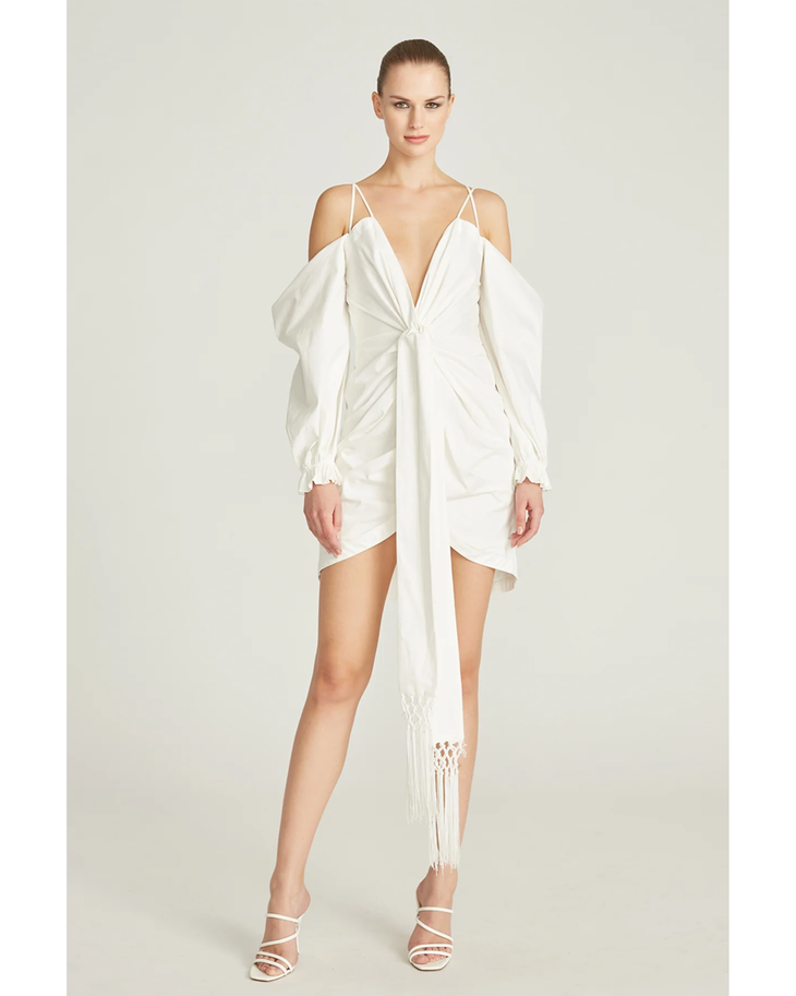 Frida Draped Dress in white with cold-shoulder sleeves and asymmetrical hem — Amur | Endless UAE