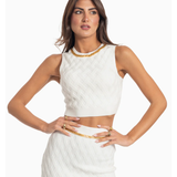 White knit crop top with diamond pattern and gold chain neckline — Elisabetta Franchi | Endless UAE
