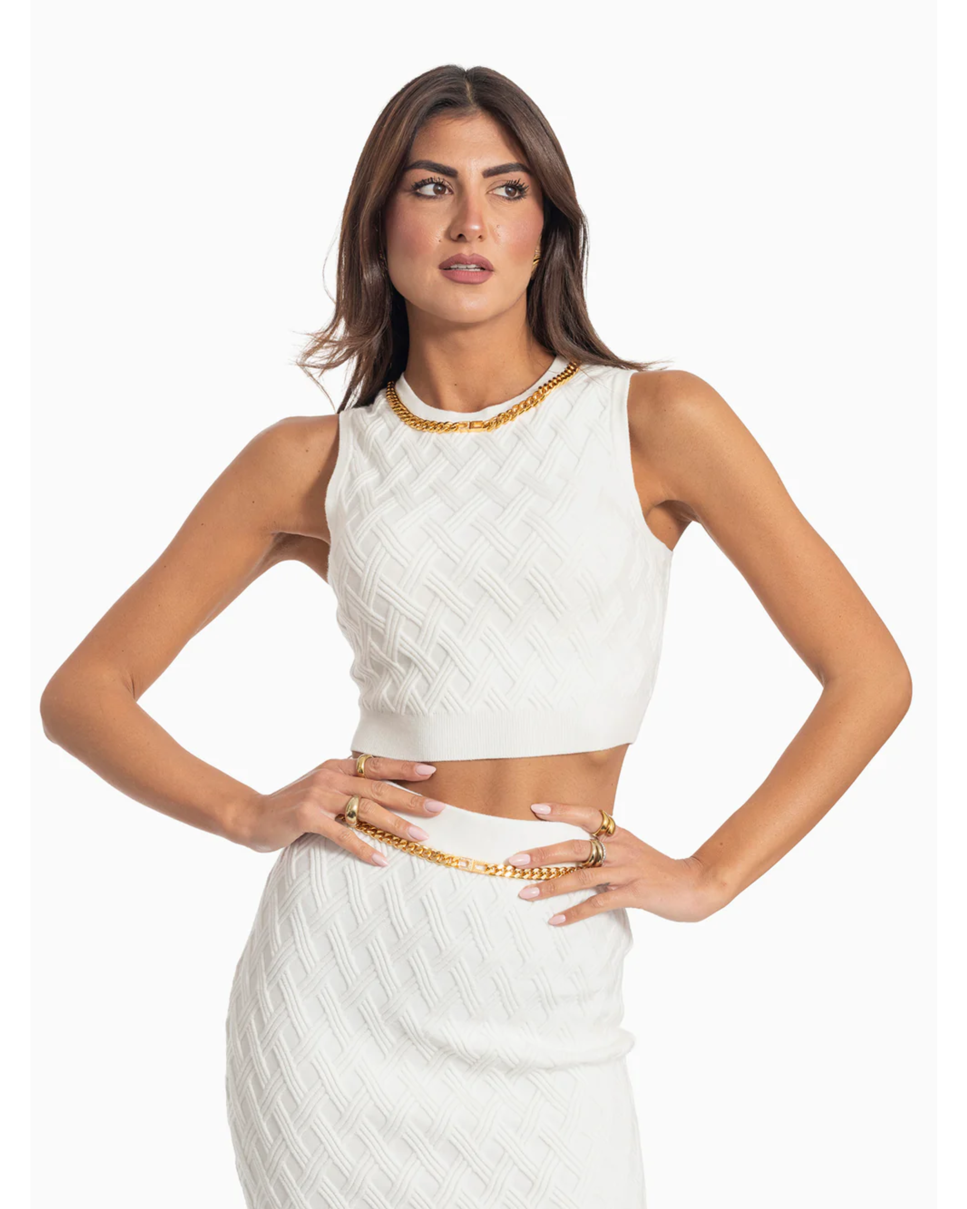 White knit crop top with diamond pattern and gold chain neckline — Elisabetta Franchi | Endless UAE
