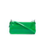 Dulce Patent Leather Shoulder Bag in vibrant green, held up against neutral background — By Far | Endless UAE
