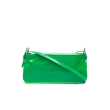 Dulce Patent Leather Shoulder Bag in vibrant green, held up against neutral background — By Far | Endless UAE