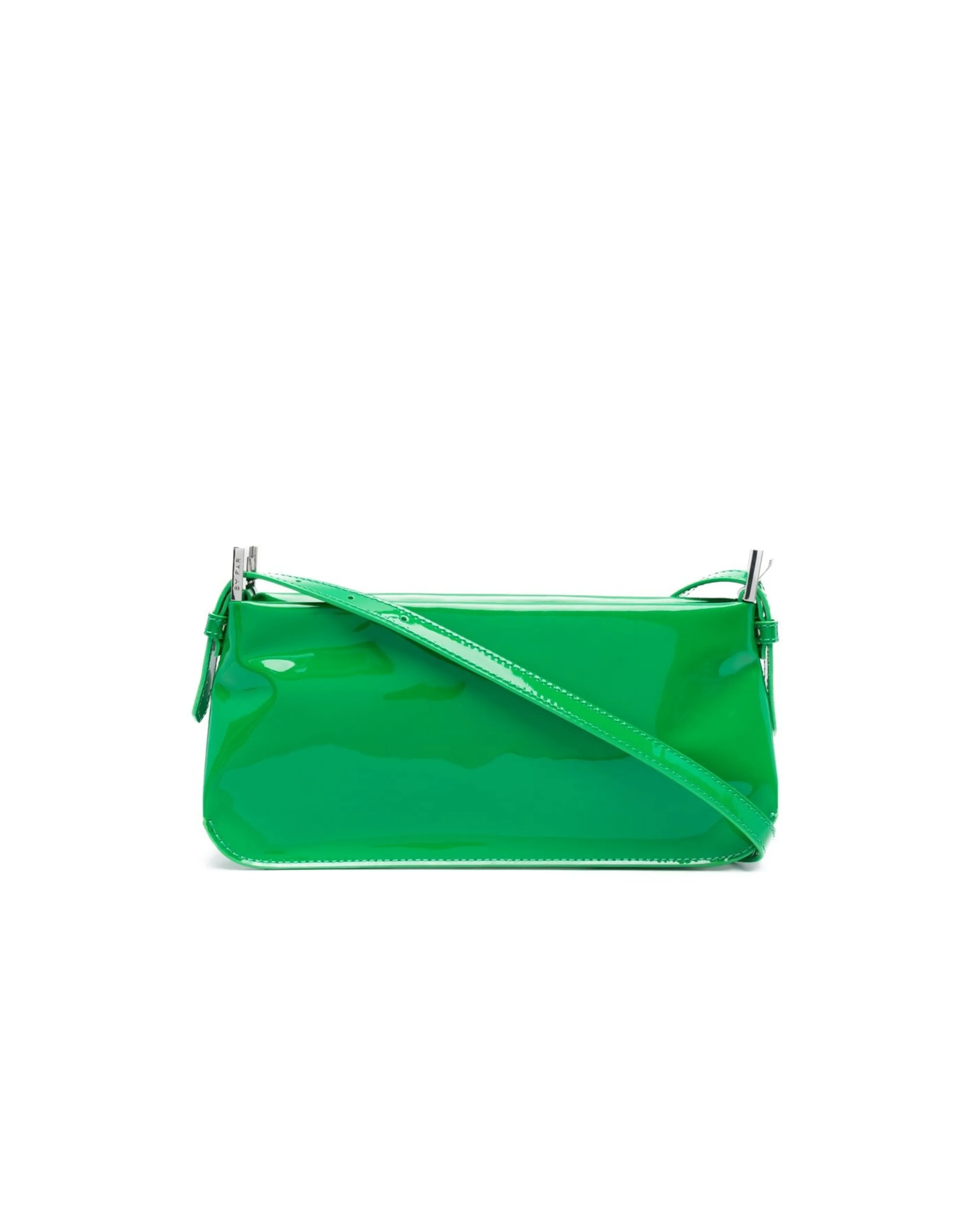 Dulce Patent Leather Shoulder Bag in vibrant green, held up against neutral background — By Far | Endless UAE