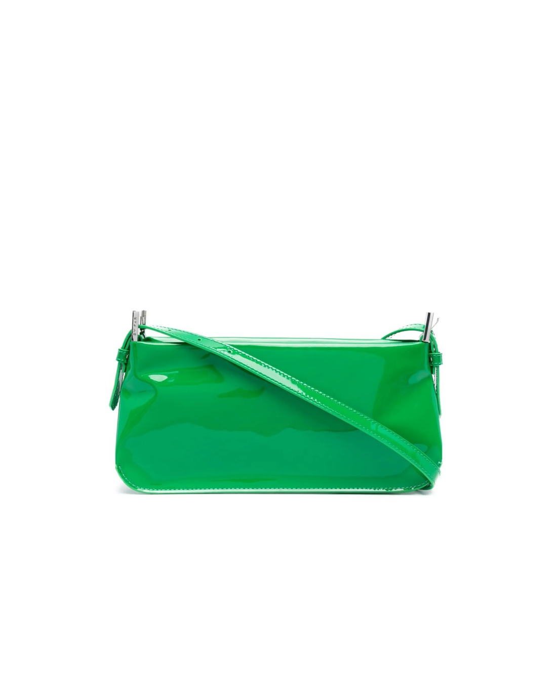 Dulce Patent Leather Shoulder Bag in vibrant green, held up against neutral background — By Far | Endless UAE