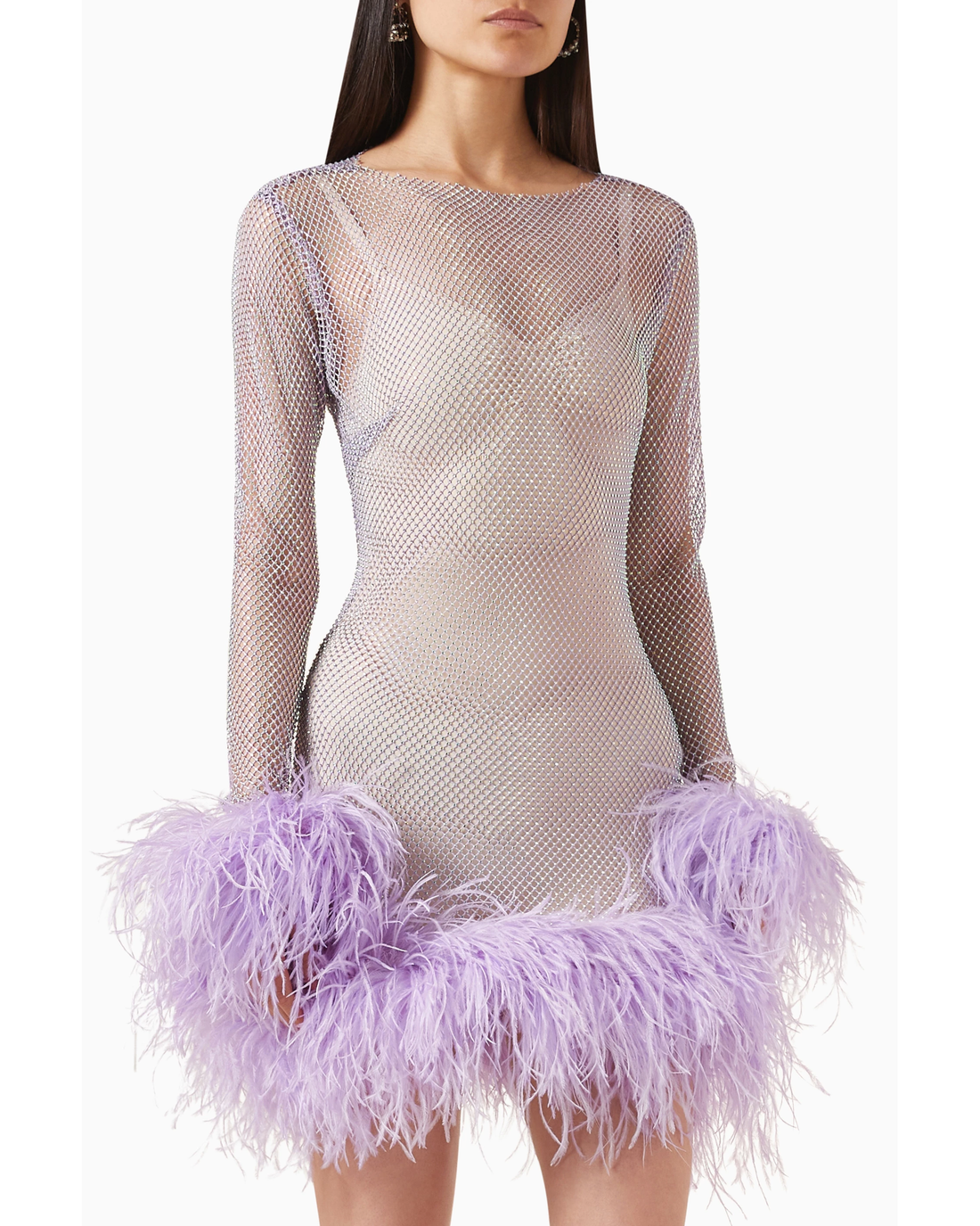 Léa mini dress with sheer mesh bodice and lavender feather trim hem — The New Arrivals | Endless UAE