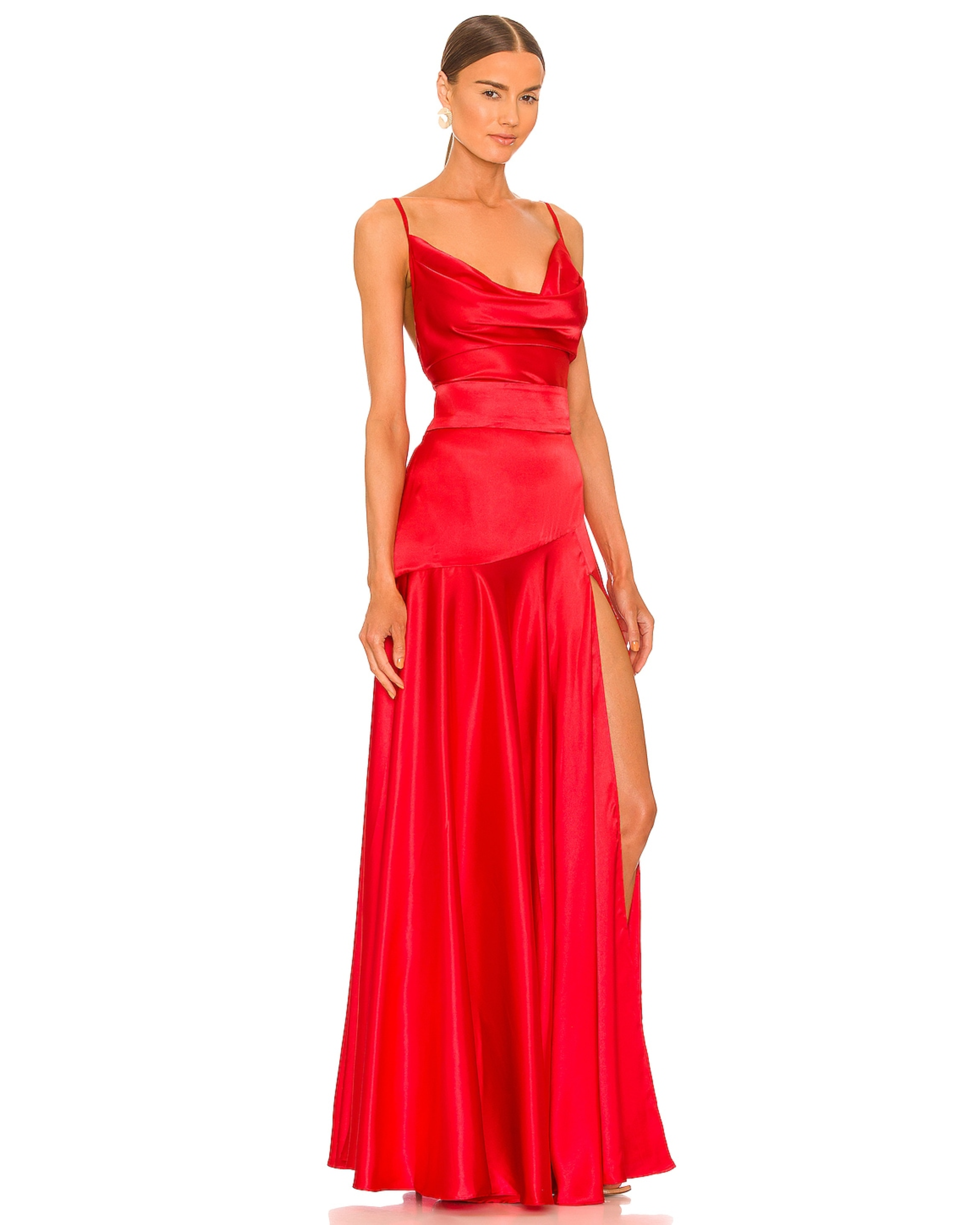 Red satin maxi dress with cowl neckline and high slit — Bronx & Banco | Endless UAE
