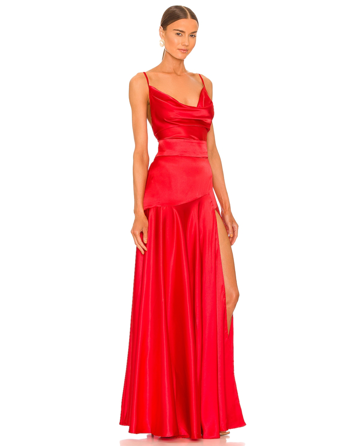 Red satin maxi dress with cowl neckline and high slit — Bronx & Banco | Endless UAE