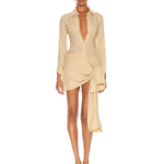 Beige linen shirt dress with long sleeves and asymmetrical wrapped skirt — Aya Muse | Endless UAE