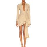 Beige linen shirt dress with long sleeves and asymmetrical wrapped skirt — Aya Muse | Endless UAE