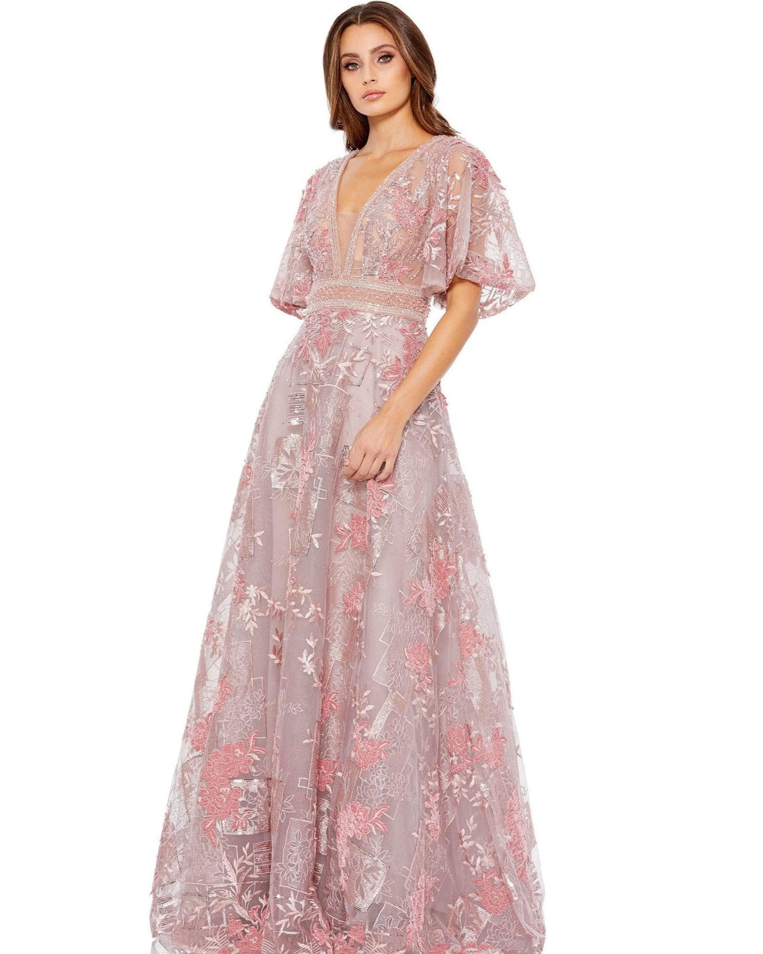 Elegant pink floral embroidered A-line gown with flutter sleeves and deep V-neckline — Mac Duggal | Endless UAE