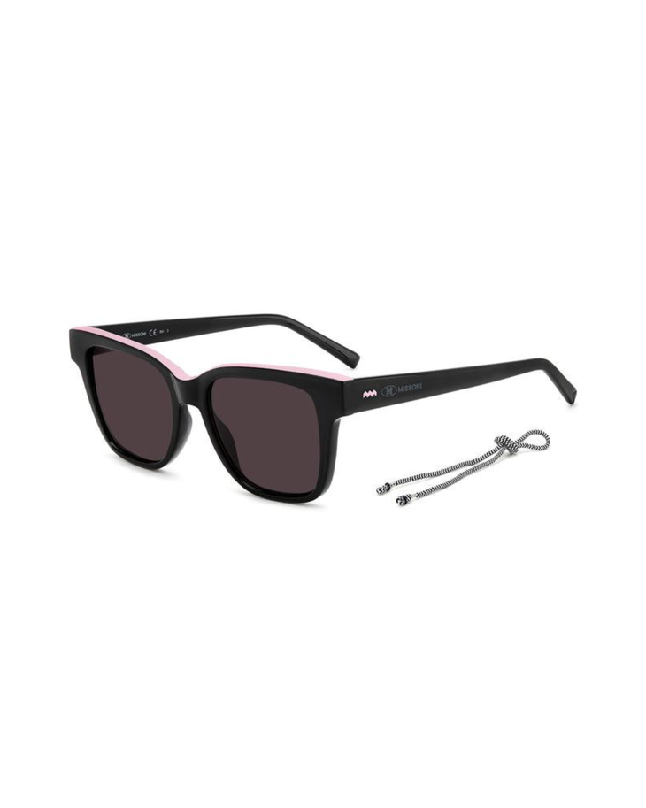 Black square sunglasses with pink inner trim and dark lenses, includes detachable silver chain strap — Missoni | Endless UAE