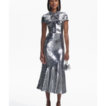 Silver sequin midi dress with twist neck and short sleeves — Self-Portrait | Endless UAE
