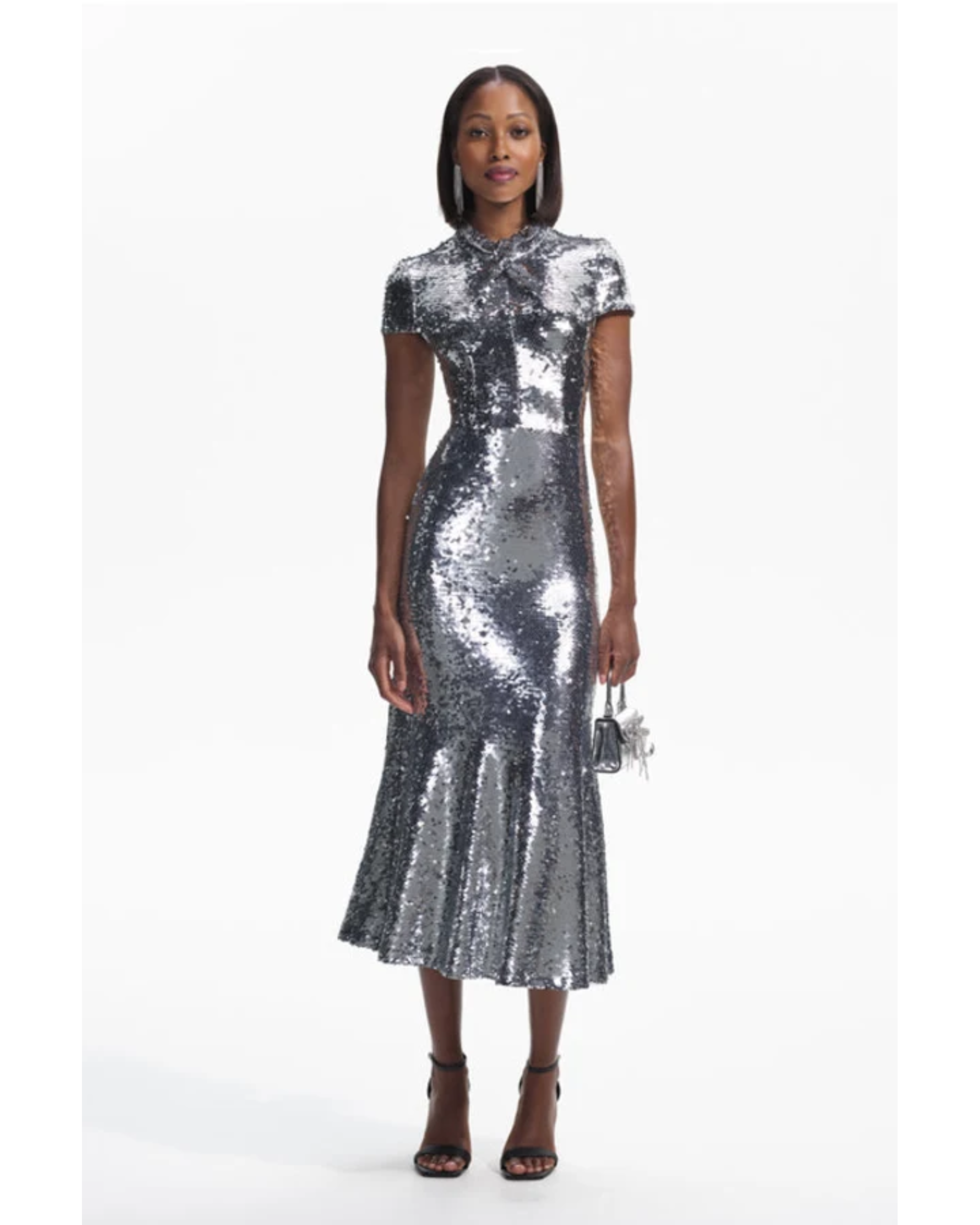 Silver sequin midi dress with twist neck and short sleeves — Self-Portrait | Endless UAE