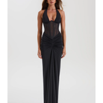 Black halter maxi dress with sheer bodice and ruched detail — Sydney Lane | Endless UAE