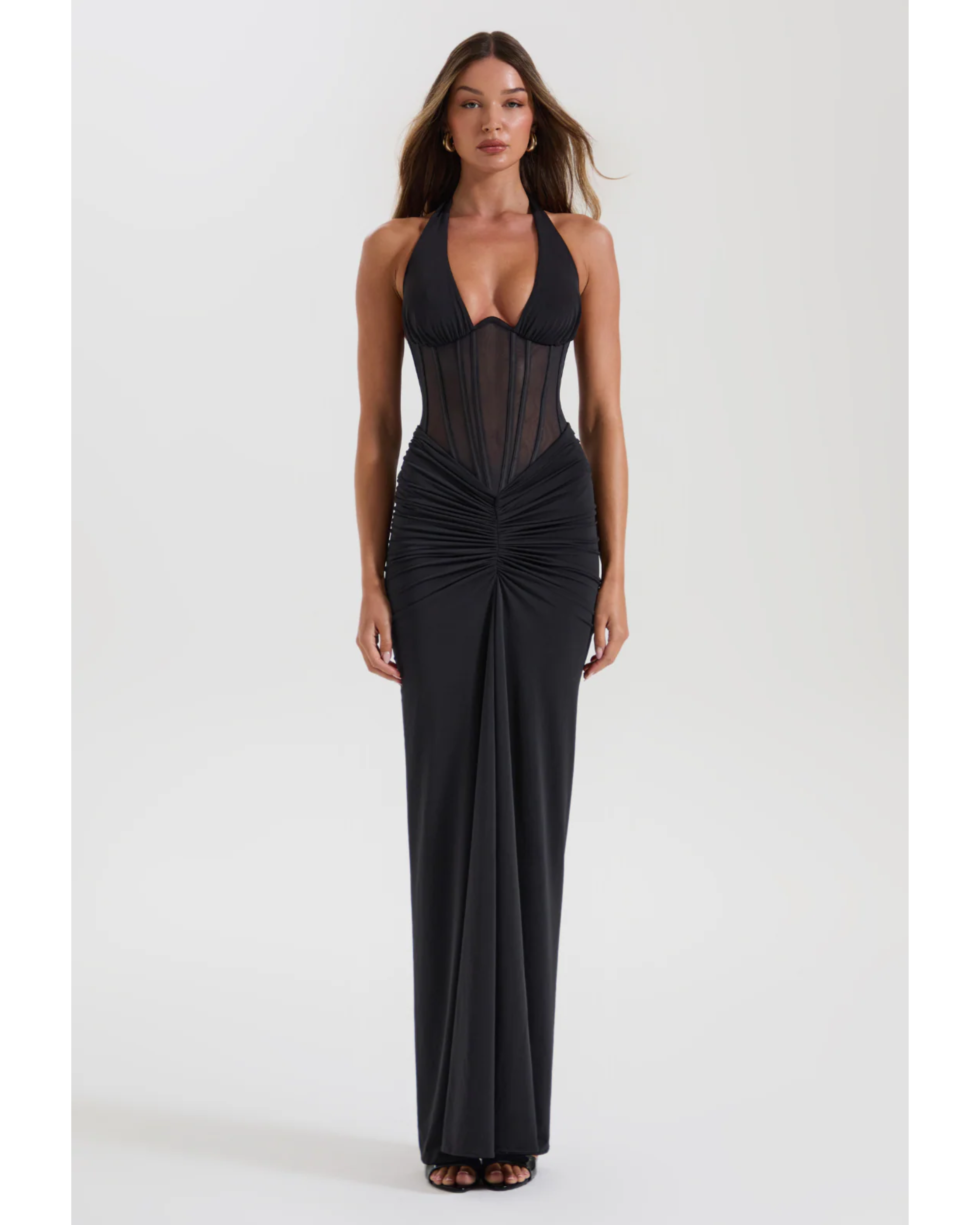 Black halter maxi dress with sheer bodice and ruched detail — Sydney Lane | Endless UAE