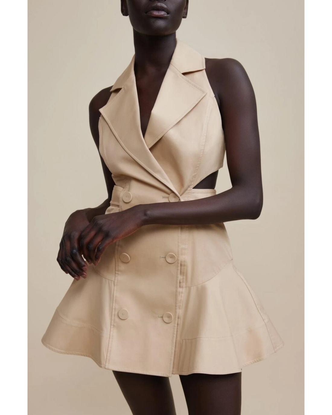 Cream sleeveless blazer dress with double-breasted buttons and flared skirt — Acler | Endless UAE
