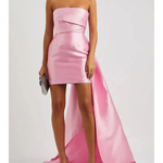 Pink satin strapless mini dress with dramatic draped train and fitted silhouette — Solace London | Endless UAE