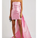 Pink satin strapless mini dress with dramatic draped train and fitted silhouette — Solace London | Endless UAE