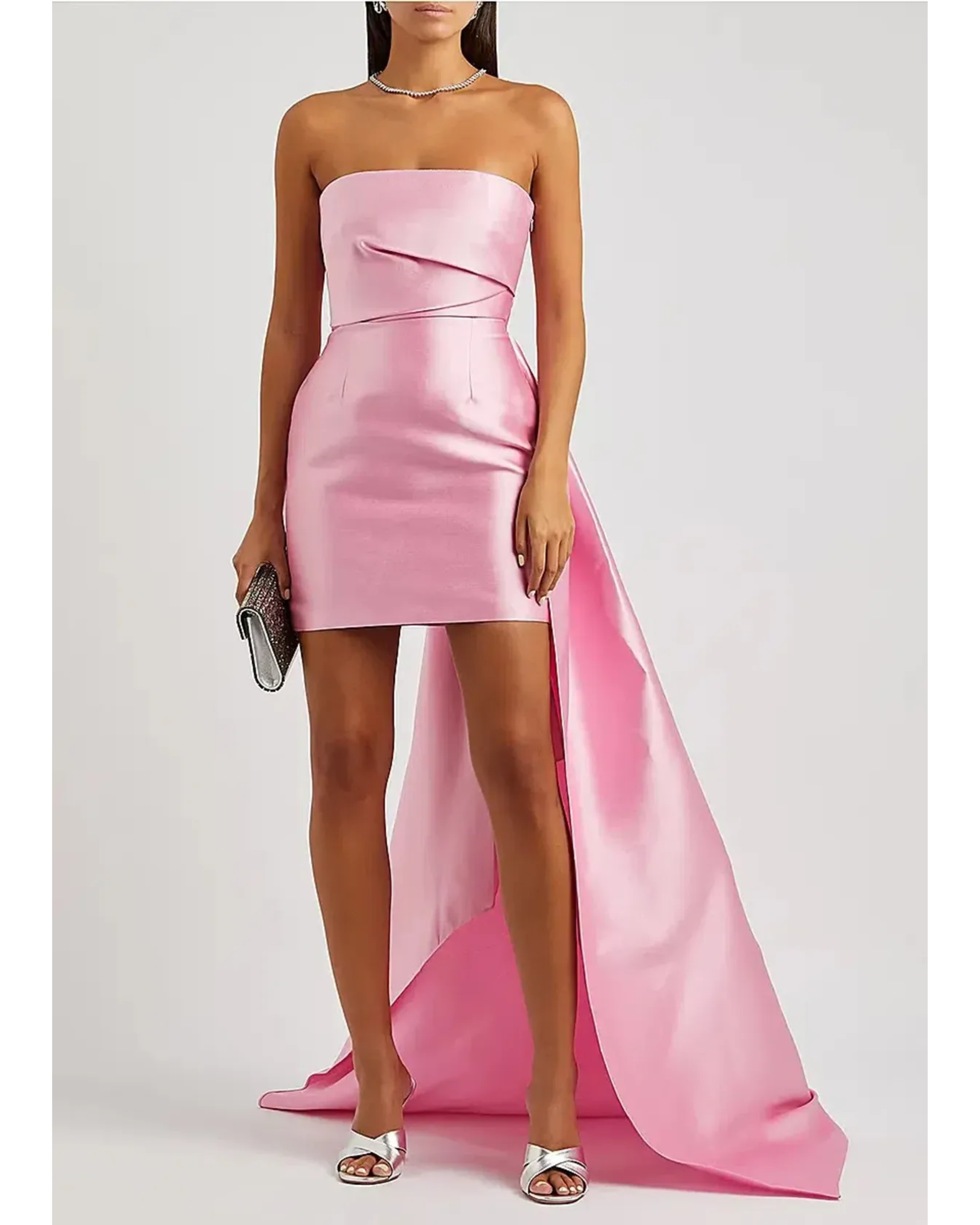 Pink satin strapless mini dress with dramatic draped train and fitted silhouette — Solace London | Endless UAE